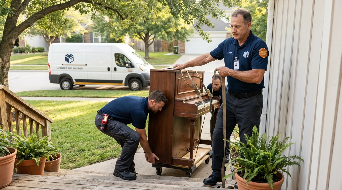 Licensed piano movers securing grand piano in Haverhill, NH