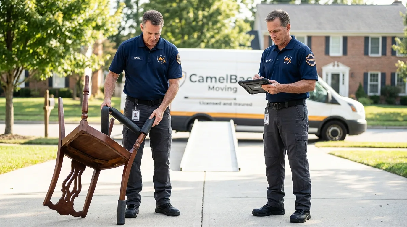 Movers inspecting furniture for damage prevention before loading in Haverhill, NH