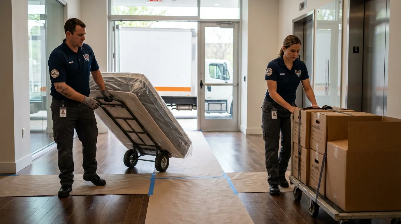Professional apartment movers loading elevator in Haverhill, NH